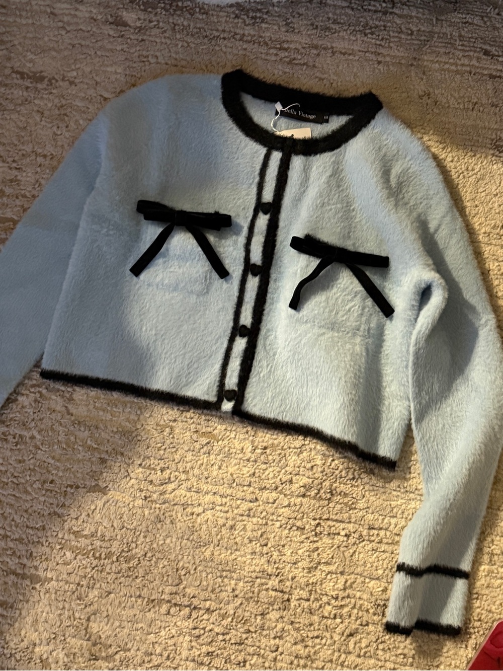 Blue Cropped Knit Cardigan with Black Trim and Bows